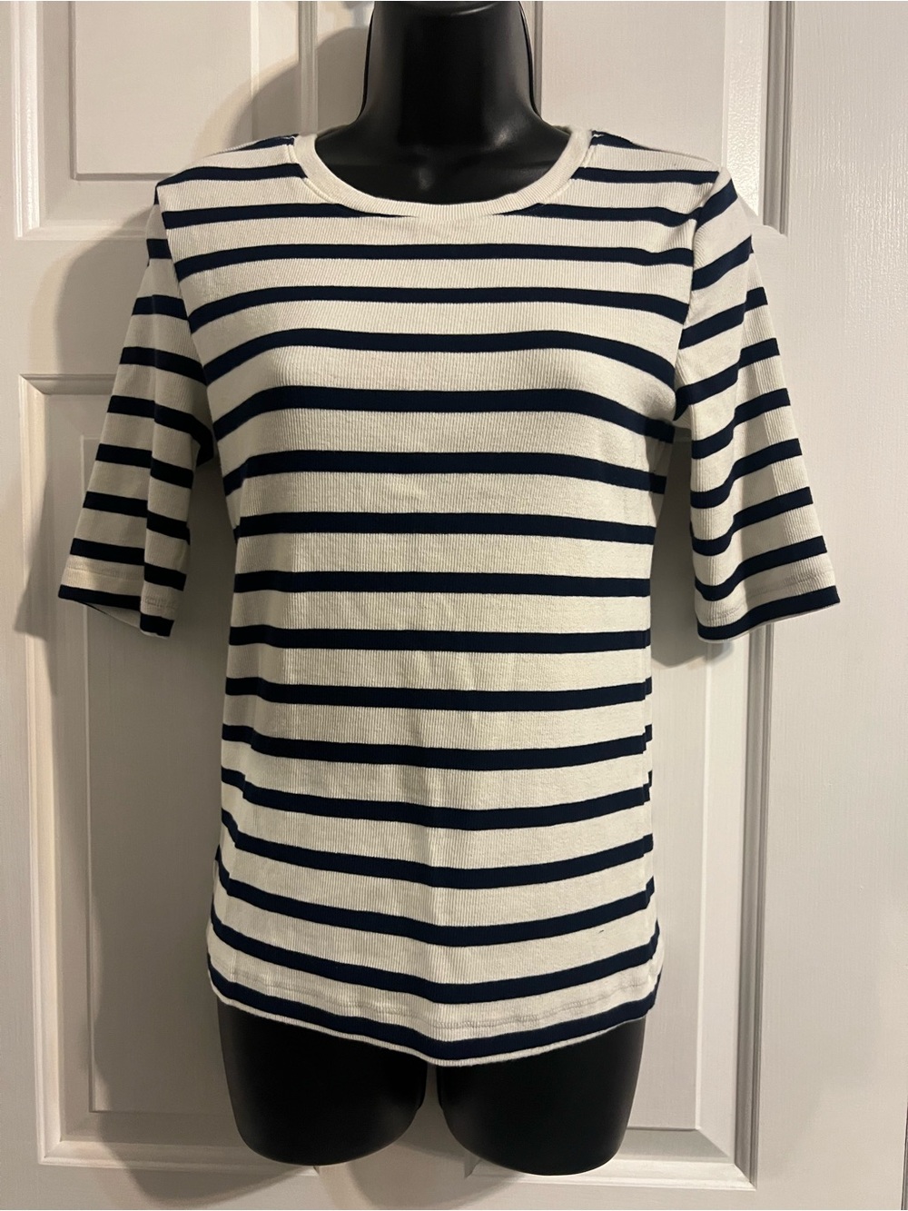 LOFT Navy & White Striped Short Sleeve Crew Top